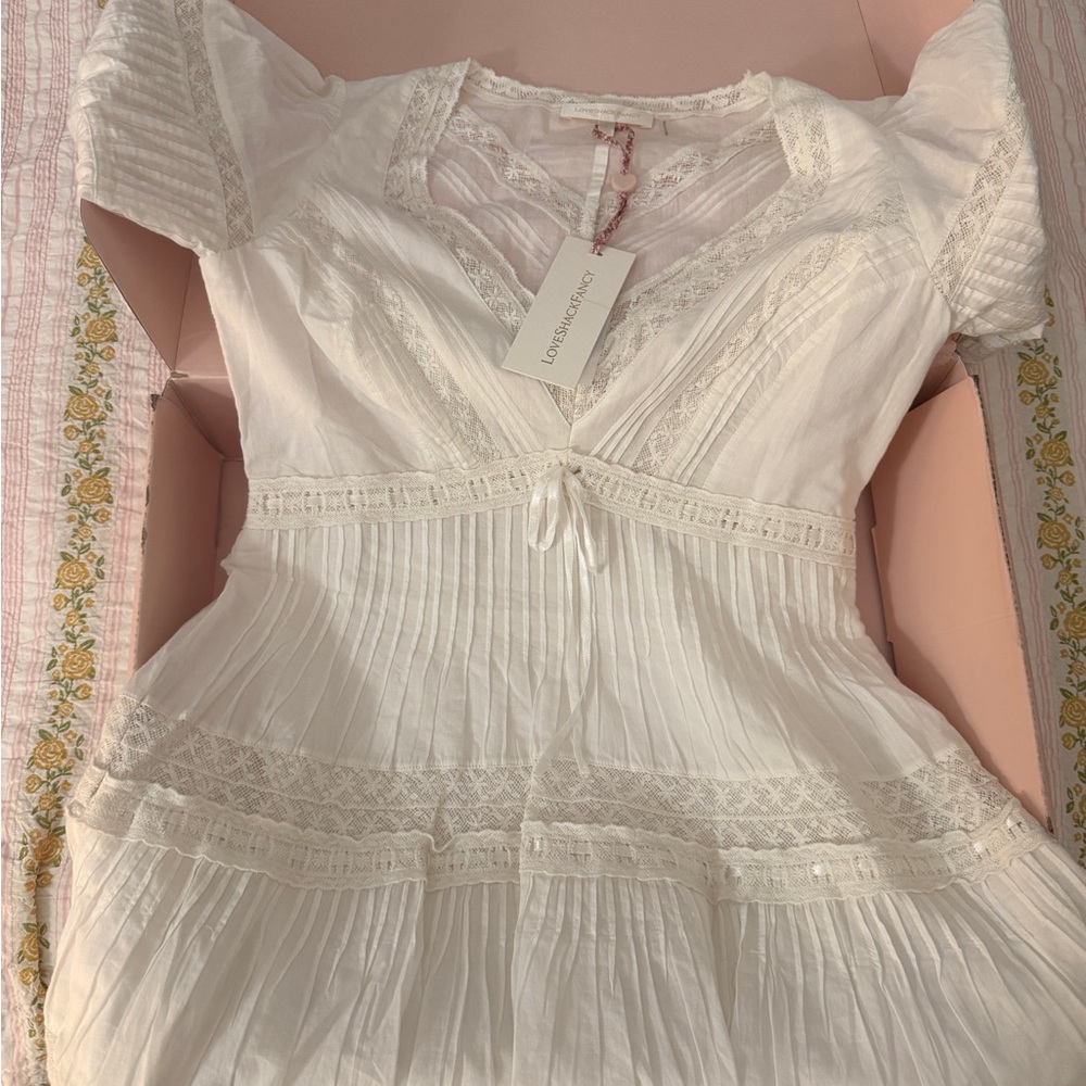 LoveShackFancy Off-White Lace Trim Dress
